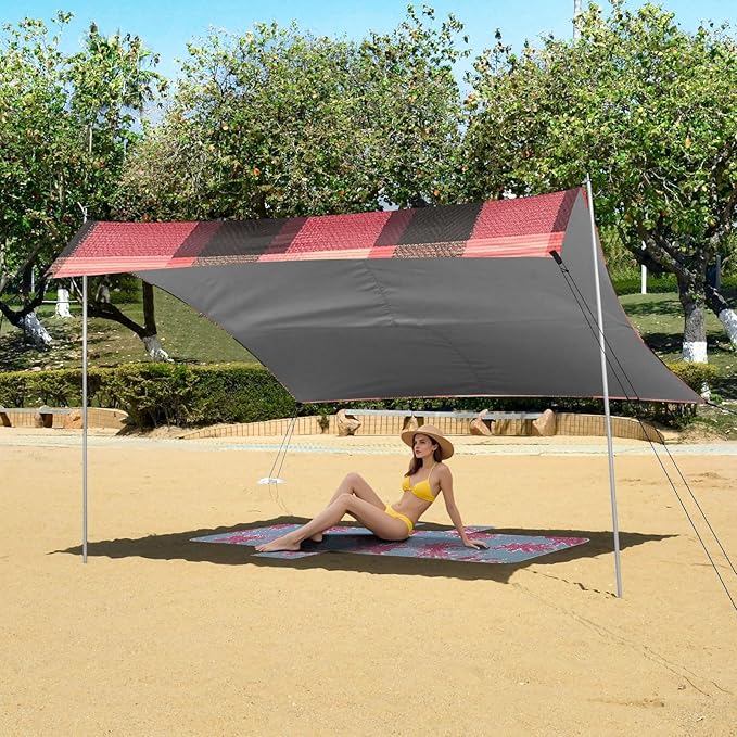 Coral Buffalo Plaid Check Tartan Scotland Stable Beach Tent UPF50 Waterproof Large Portable Sun Shelter with Sandbags &amp Sand Shovel for Camping Trips Fishing Backyard Fun or Picnics