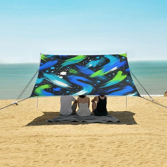 xigua Paint Beach Tent Sun Shelter with Carrying Bag - Silver Coated Oxford Fabric Beach Canopy for Beach Camping Fishing - Includes Windproof Ropes Sandbags &amp Stakes