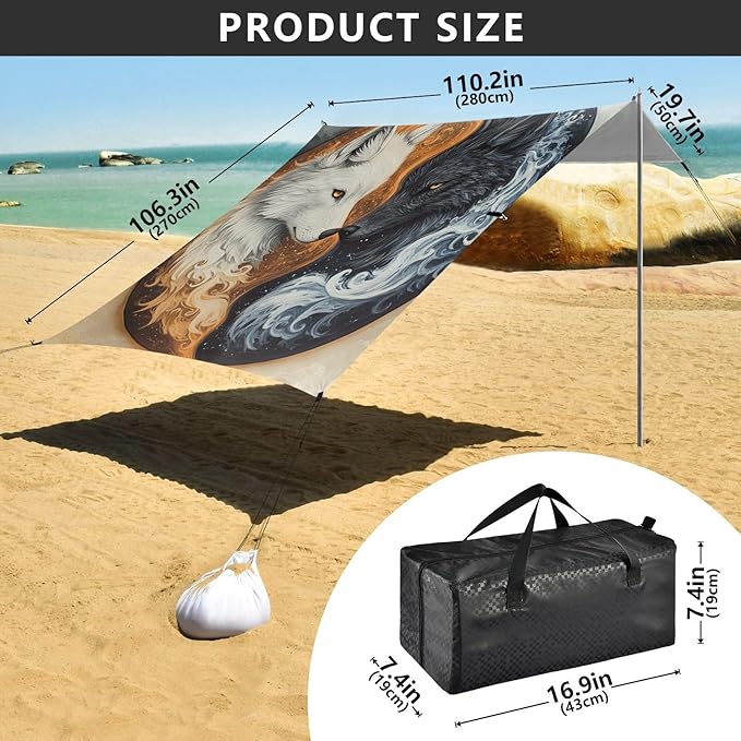 ALAZA Wolf Yin Yang Style Beach Tent Sun Shelter Portable Canopy Sunshade for Outdoor Camping Picnics Backyard Fun 10x9 ft