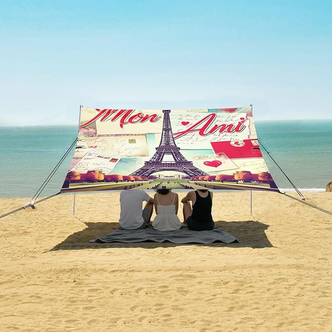 Beach Canopy with Windproof Ropes &amp Sandbags Beach Tent Sun Shade Sun Shelter for Camping Trips Fishing Backyard Fun or Picnics Eiffel Tower