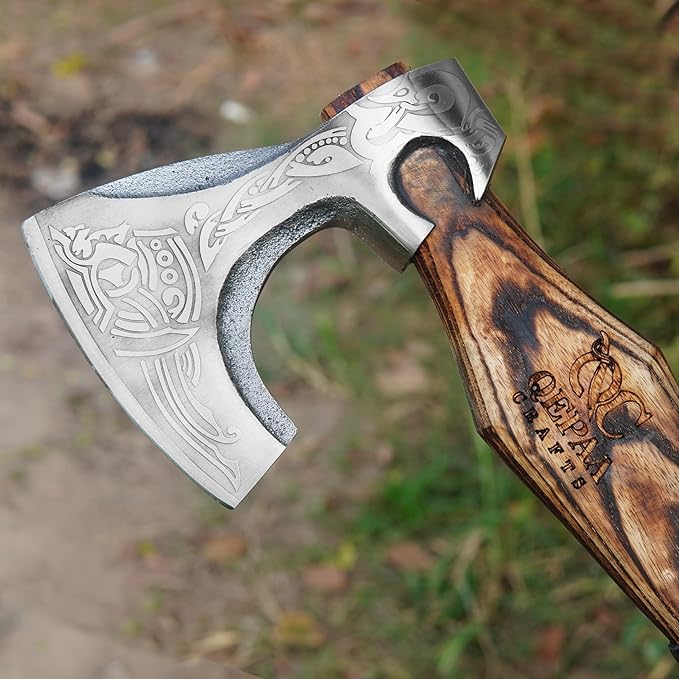 19 Custom Gift Hand Forged Viking Axe- Carbon Steel Camping Axe with Rose Wood Shaft - Viking Gifts for Men Bearded Camping Axe (VALHALA 19)