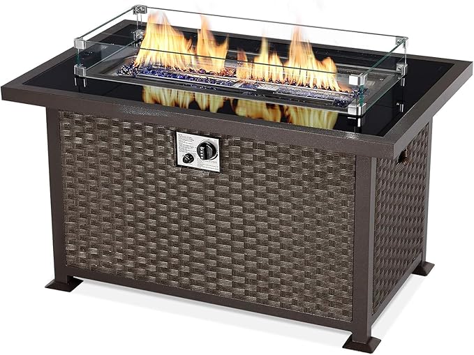 U-MAX 44in Outdoor Propane Gas Fire Pit Table 50000 BTU Auto-Ignition Gas Firepit with Glass Wind Guard Black Tempered Glass Tabletop &amp Blue Glass Rock Brown PE Rattan CSA Certification