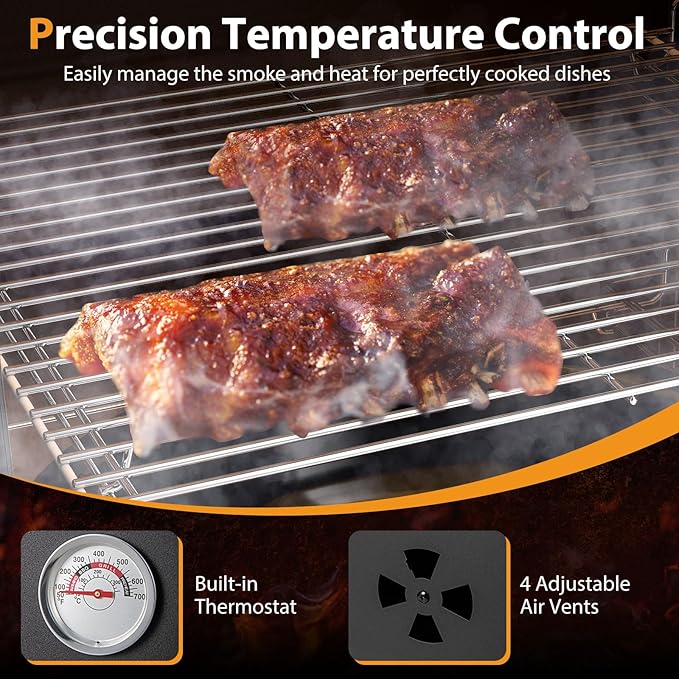 Charcoal Smoker Outdoor Vertical BBQ Smoker with Thermostat 2 Access Doors 2 Cooking Grates 2 Removable Pans &amp 4 Air Vents Meat Smokers Grill for Parties Barbecues and Backyard