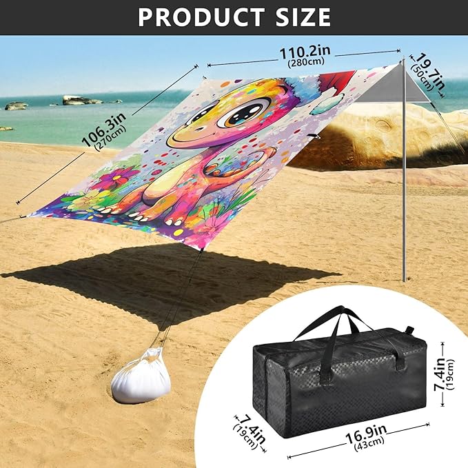 Funny Dinosaur Beach Canopy UPF50+ Protection Water-Resistant Shade Sun Shelter Includes Sand Shovel Sandbags Stability Poles for Camping Picnics Backyard