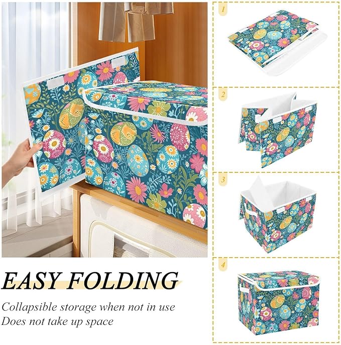 Storage Baskets with Lids Colorful Eggs Collapsible Bins Stackable Fabric Linen Baskets Closet Organizer Container 16.5x12.6x11.8