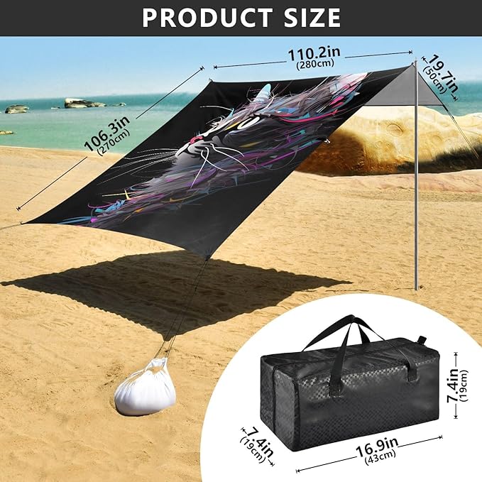 ALAZA Cat Art Painting Beach Tent Sun Shelter UPF50+ Protection Beach Shade Canopy w/ 4 Sandbags for Outdoor Camping Fishing Backyard Fun Picnic 10x9 ft