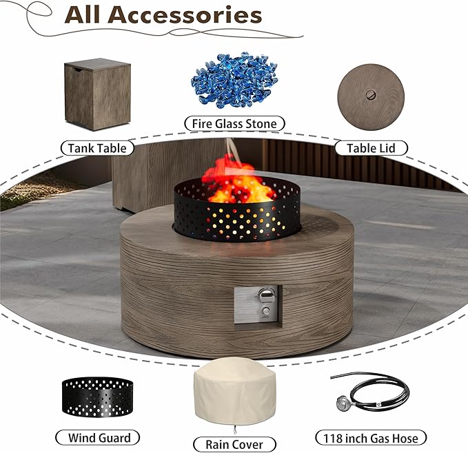 30 Round Propane Fire Pit Table - 50K BTU with Lid Rocks Tank Storage and Cover - Round Gas Fire Pits for Outside Patio - Outdoor Table with Firepit (Teak Finish 30 Round)