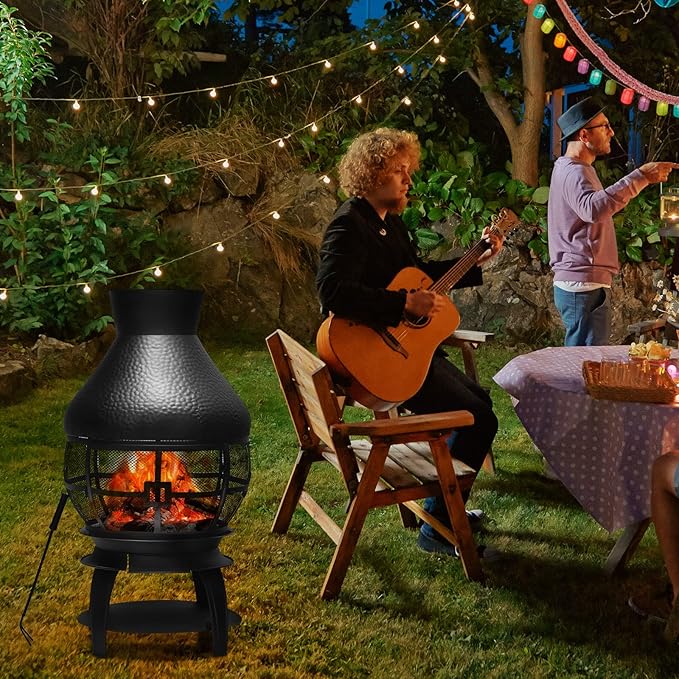 Giantex Wood Burning Chiminea Heavy Duty Fireplace Chiminea Wooden Fire Pit with 2-Piece Log Grate Premium Rain Cap &amp Fire Poker 360°Fire Retardant Mesh Cover Ideal for Garden Patio Backyard