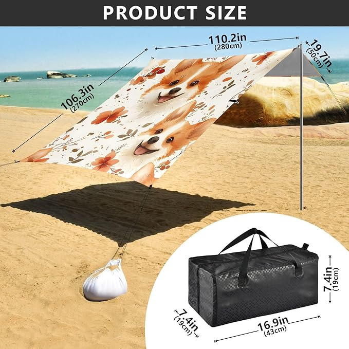 ALAZA Corgi Flower Dog Pattern Beach Tent Sun Shelter Portable Canopy Sunshade for Outdoor Camping Picnics Backyard Fun 10x9 ft