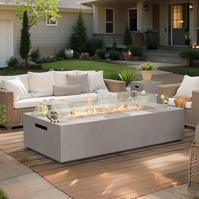 3-Piece Outdoor Propane Fire Pit Table Set – Premium Marble-Like MgO Finish 56-Inch Gas Fire Table with Tank Table &amp Glass Wind Guard for Patio Garden &amp Backyard Includes Rain Cover &amp L