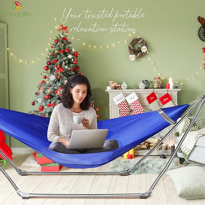 Tranquillo 650 lbs Capacity Double Hammock Stand for 2 Persons Adjustable Hammock Collapsible Camping Hammock and Stand Signature Stainless Steel Stand Breathable Polyester Hammock Net Pearl Blue