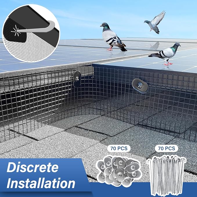 Solar Panel Bird Guard8in x 100ft Critter Guard Galvanized PVC Coated Mesh Roll KitBlack Pigeon Solar Panel Mesh with 70 Fastener Clips ½ inch Wire Critter Guard for Solar Panels