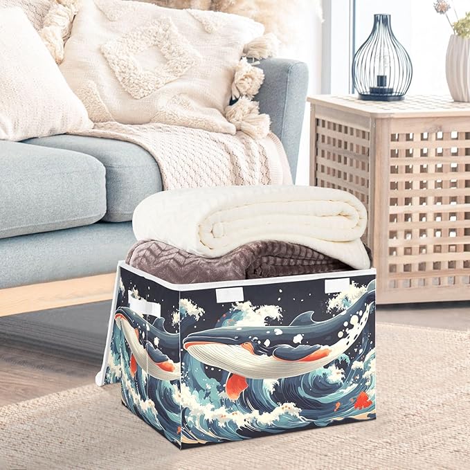 Storage Cube with Lid Japanese Whale Print 16.5×12.6×11.8 IN 1 Pack Collapsible Large Capacity Foldable Storage Basket Bin Organizer