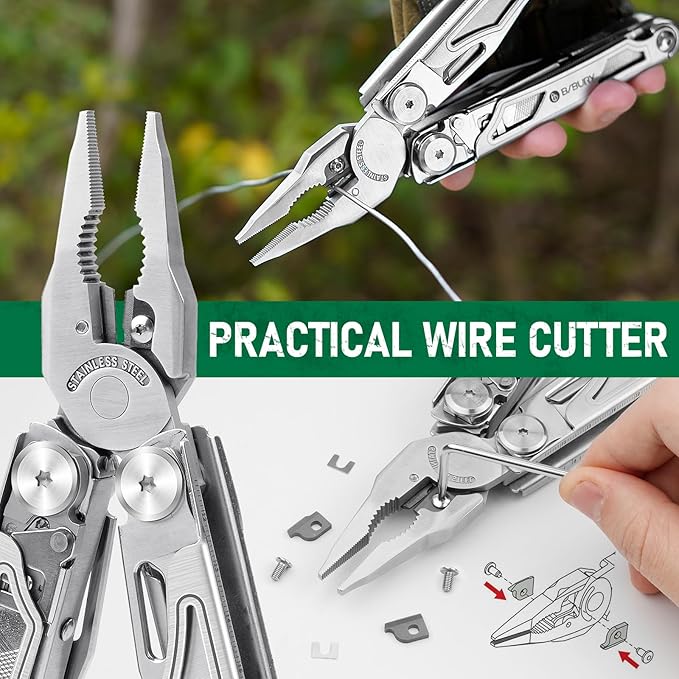 BIBURY Multitool Pliers Pro BI2045 Foldable Multitools with Replaceable Wire Cutters and Saw Stainless Steel Multi Tool w/Upgraded Scissors and Screwdriver Set Ideal for Camping Hiking Survival