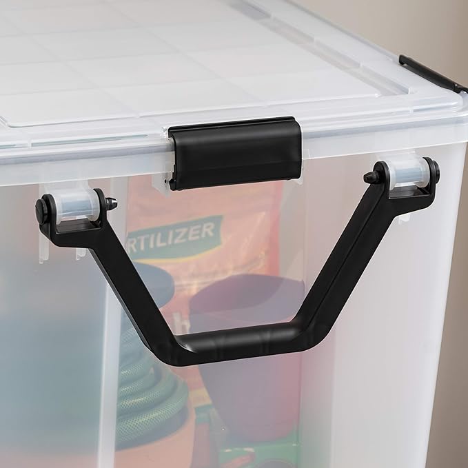 IRIS USA WeatherPro 103 Qt Storage Bins with Lids 2 Pack BPA-Free Plastic Gasket Box with Tight Latch and Seal Stackable Nestable Tote Tub - Clear/Black
