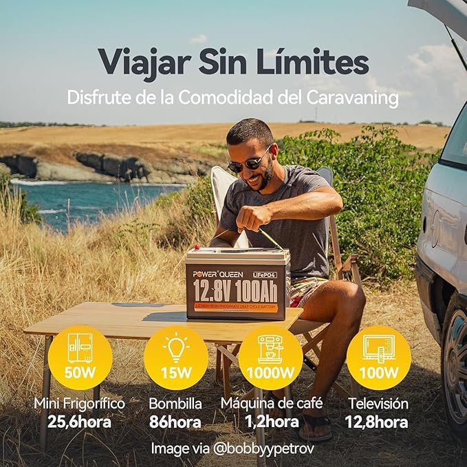 Power Queen 12V 100Ah LiFePO4 Batería 1280Wh Batería de litio con 100A BMS 15000 Ciclos Profundos Soporte en Serie/Paralelo muy Utilizado para Caravanas RV Barco Sistema Solar