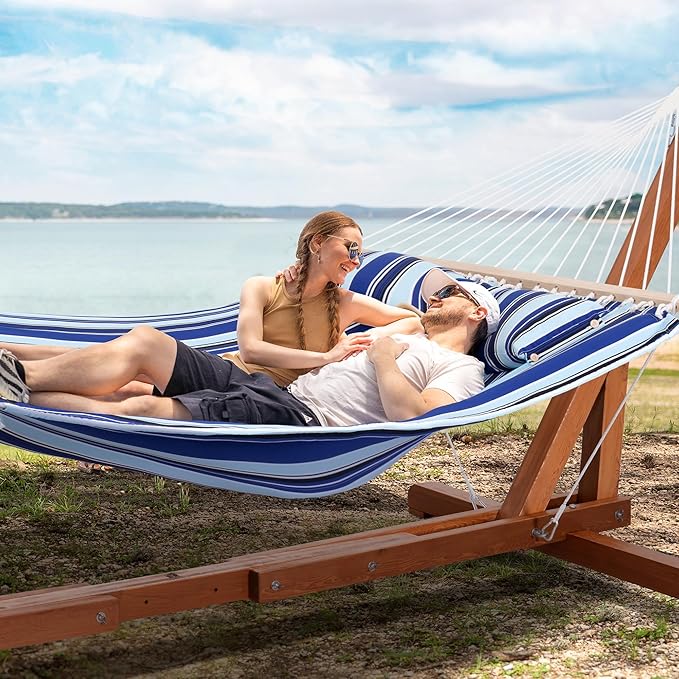SUNCREAT Two Person Hammock with Stand Included Heavy Duty Free Standing Hammocks Outdoors for 2 Person Max 475lbs Capacity Blue Stripes