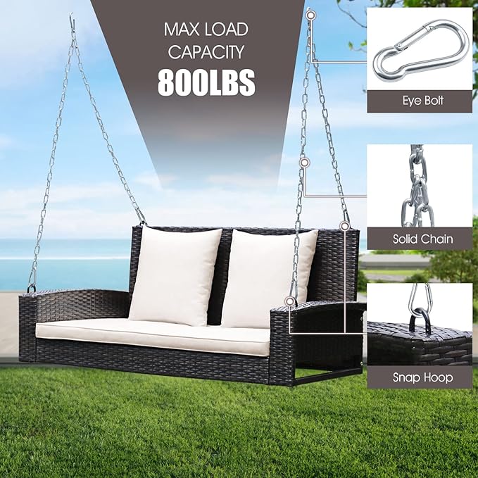 Tangkula 2-Person Wicker Porch Swing Patiojoy Outdoor Rattan Hanging Swing Bench W/ 2 Back Cushions &amp 1 Seat Cushion Sturdy Steel Chain 800lbs Weight Capacity