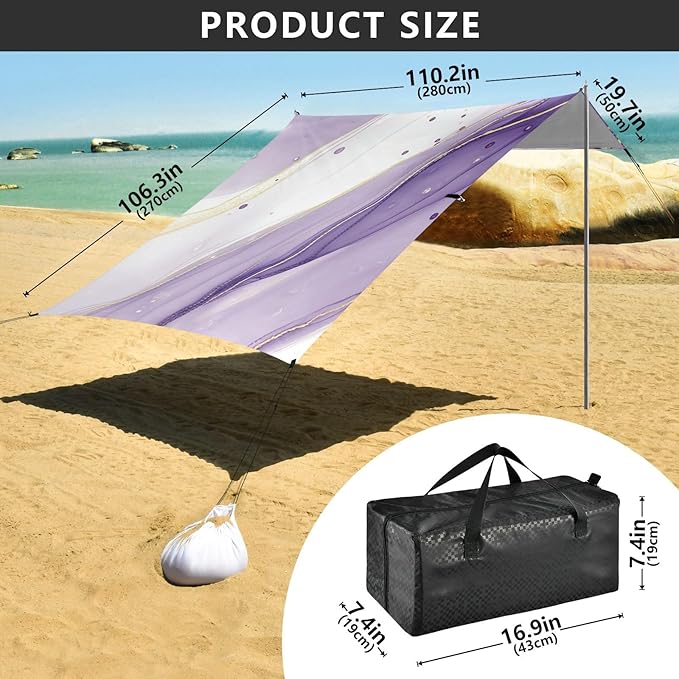 Beach Canopy with Windproof Ropes &amp Sandbags Beach Tent Sun Shade Sun Shelter for Camping Trips Fishing Backyard Fun or Picnics Purple Texture