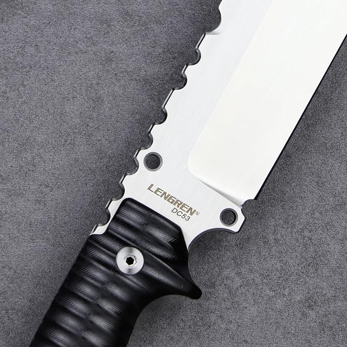 LENGREN【Eggplant 12.8 Inches 7MM THK Full Tang Heavy Fixed Blade Multifunctional Tactical Knife Drop Point DC53 Steel Kydex Sheath For Camping Hiking Hunting (White)