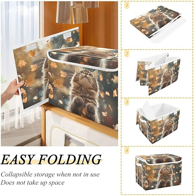 AIXIWAWA Lidded Storage Cube (Autumn Cat) Fabric Foldable Closet Bins with Flip Lid and Handles Organizer Basket Container 16.5 x 12.6 x 11.8 IN