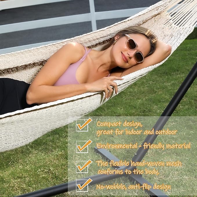 ZEAN Handwoven Hammock by Thick Cotton Rope XL Two Person Hammock for Outside Patio Backyard Garden 550LB Capacity