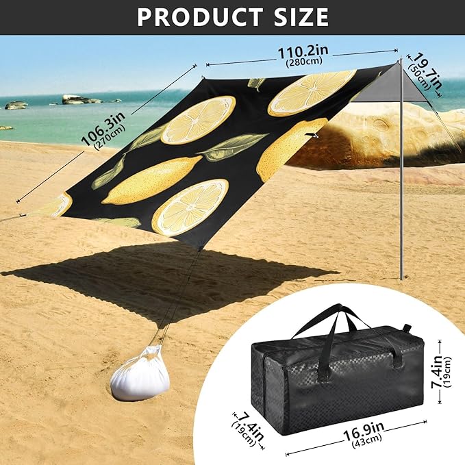 ALAZA Lemons Black Background Pattern Beach Tent Sun Shelter Portable Canopy Sunshade for Outdoor Camping Picnics Backyard Fun 10x9 ft