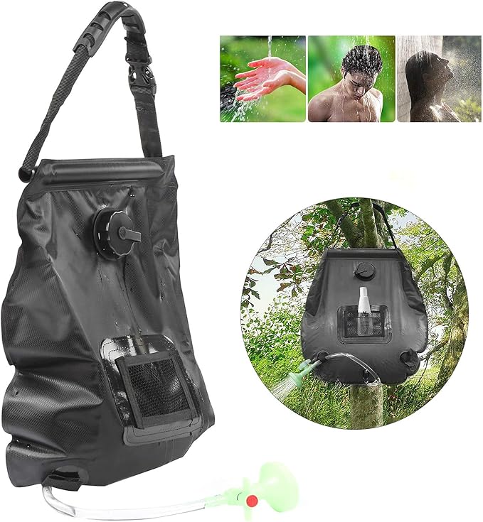 Outdoor 20L Solar Power Shower Bag Portable Sun Heated Bath Bag for Camping 5 Gallon PVC Shower with Temperature Indicator and Shower Head for Hiking Boating Travel