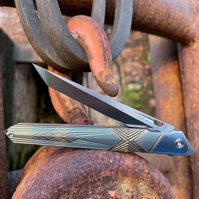 folding knife belt clip M390 steel blade outdoor camping knife portable pocket knife titanium handle lightweight EDC men's pocket knife belt sheath