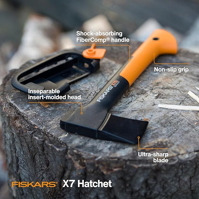 Fiskars X7 Small 14 Hatchet Axe with Sheath for Chopping Wood Kindling for Campfires Outdoors &amp Camping Insert-Molded Forged Steel Head Low-Friction Blade Shock Absorbing Handle &amp Non-Sli