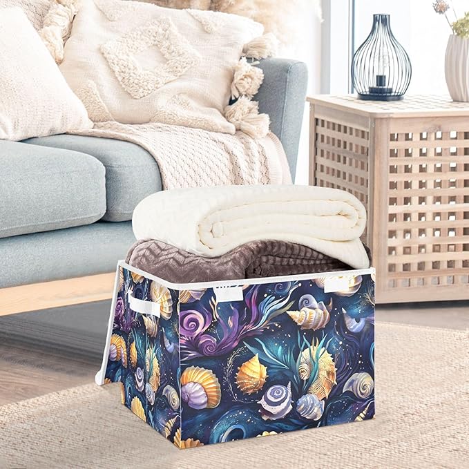 Fantastic Sea Shells Storage Cube Bins Basket with Lid Collapsible Flip-top Fabric with Handle for Home Bedroom Closet Office 16.5×12.6×11.8 in