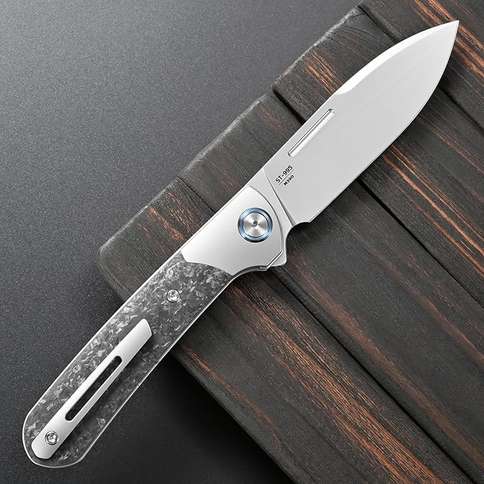 Sitivien ST995 Folding KnifeHandmade M390 Pearlescent Polishing Blade Titanium &amp Carbon Fiber Handle EDC Tool Knife for Outdoor Camping Hiking Survival(Gray)