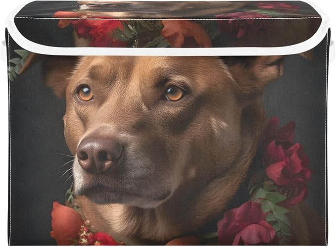 Red Floral Dog Storage Cube with Lid Collapsible Flip-top locker Fabric Storage Bins Basket with Handle for Home Bedroom Closet Office 16.5×12.6×11.8 in