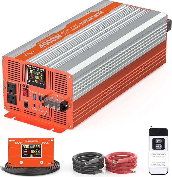 4000W Pure Sine Wave Inverter 48V DC to 120V AC Converter 8000W Surge for Vehicles RV Home Solar with Dual AC SocketsFast Charging Type-C PD100W Hardwire Port Remote Controller
