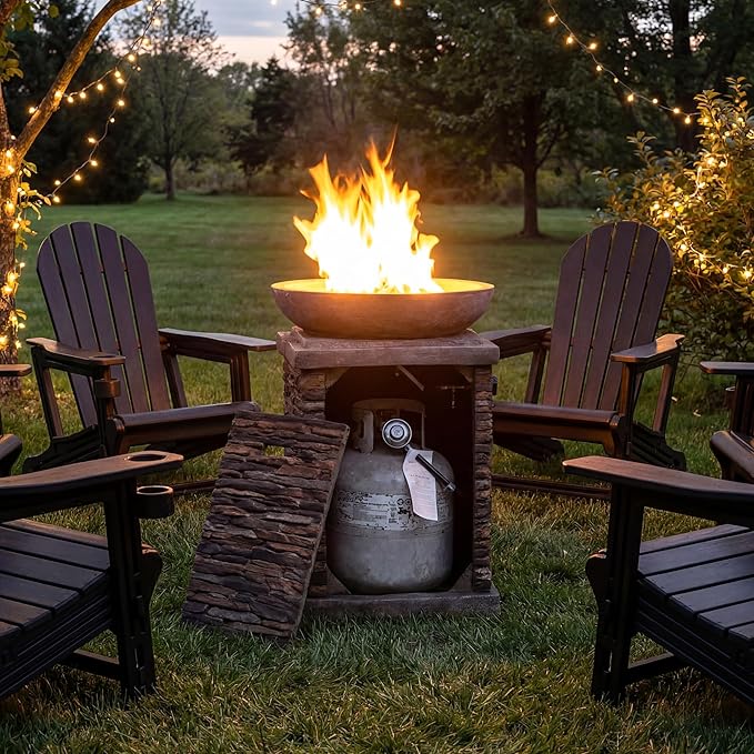 COSIEST Outdoor Propane Fire Pit Table w Faux Brown Compact Ledge Stone 20 Square Base and Faux Rose-Marble Round Bowl Certified 40000 BTU Free Lava Rocks Fits 20lb Tank Inside Raincover