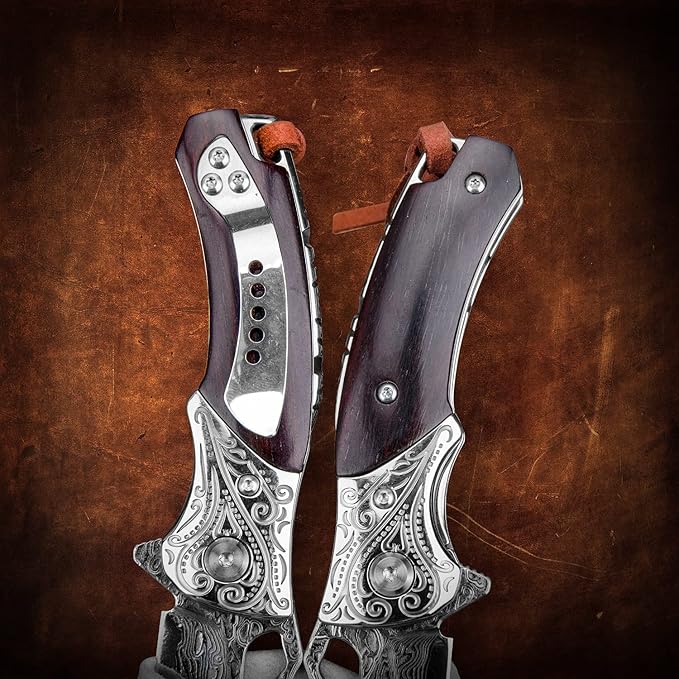 Handmade Damascus Steel Flipper Folding Knife with Pocket Clip Liner Lock Tactical Knife for Camping Hunting Fishing and EDC