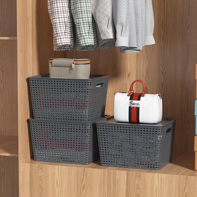 6-Pack Large Plastic Storage Basket Bins with Lid Stackable Storage Baskets with Lids 14.05 x 11.65 x 8.66 Gray