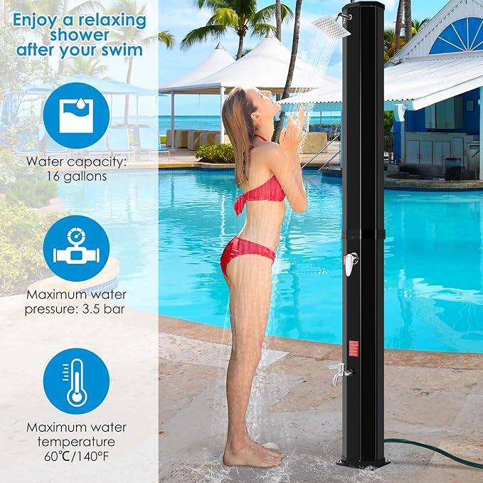 TLSUNNY 16 Gallon Solar Heated Shower W/ 360° Rotating Shower Head &amp Faucet Freestanding Outdoor Shower W/ 210D Protective Cover Water Temperature Adjustment for Pool Garden Beach Spa Backy