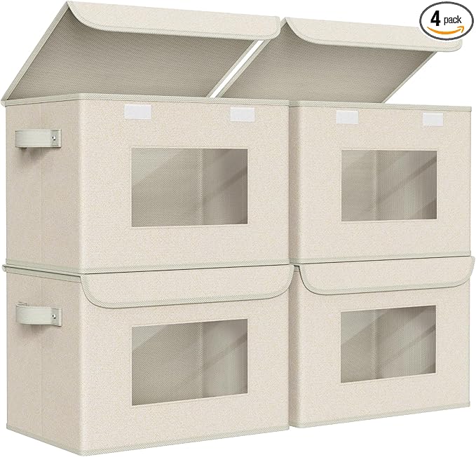 Univivi Collapsible Stackable Storage Bins with Lids [4-Pack] Foldable Fabric Closet Organizer Basket Closet Organizers and Storage Cube Storage Bin for Home Office Bedroom (Beige 17“ x 12” x 12)