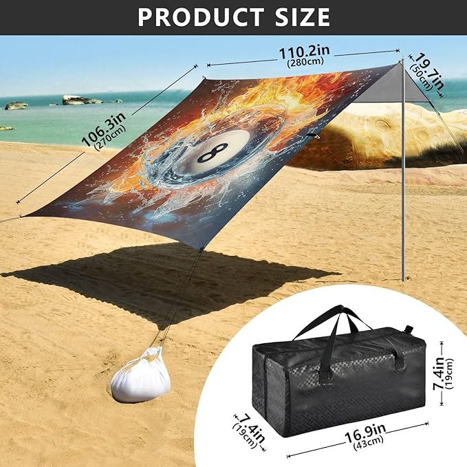 ALAZA Number Eight Billiard Ball Spirits Fire Water Beach Tent Sun Shelter Portable Canopy Sunshade for Outdoor Camping Picnics Backyard Fun 10x9 ft