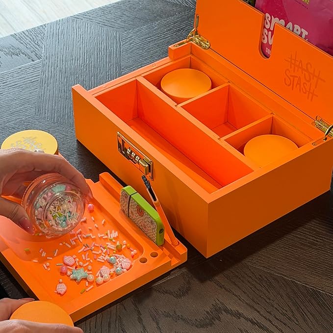 HASHSTASH The OG Storage Box - Large Bamboo Box with Combination Lock Magnetic Lid Organizer Tray Airtight Tube and 3 Jars - Discreet Decorative Locking Wooden Box with Accessories (Neon Orange)