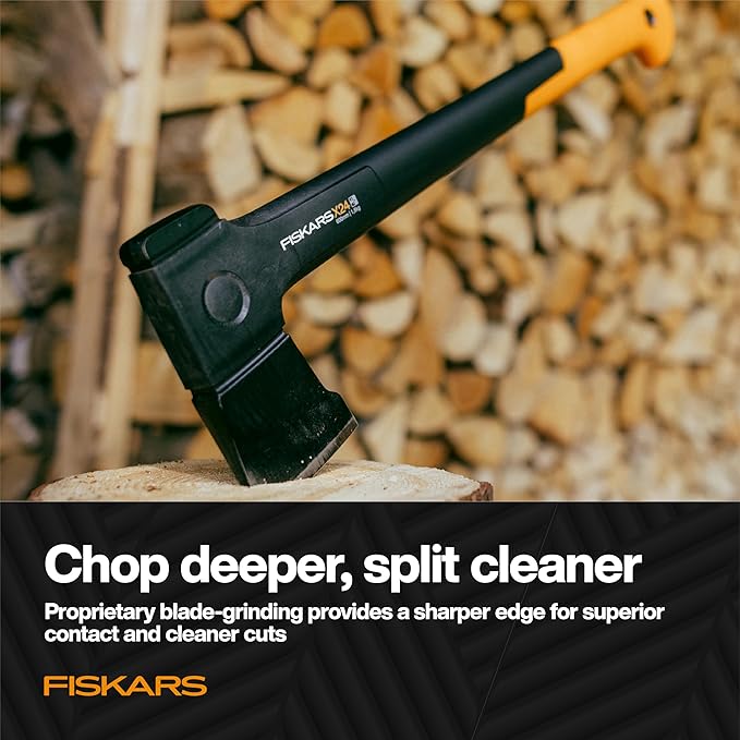 Fiskars X24 Universal Axe 24 Forged Steel Blade for Felling Trees &amp All-Purpose Chopping Shock-Absorbing FiberComp Handle &amp Low-Friction Coating for Clean Cuts in Fresh Resinous Wood