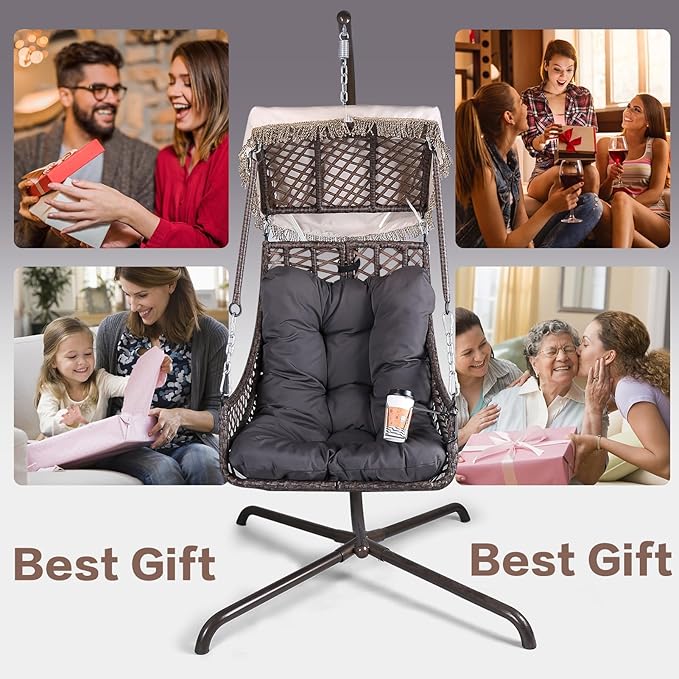 Swing Egg Chair with Stand Indoor Outdoor Wicker Rattan e 350lbs Capacity Hammock Chair for Patio Bedroom with Sunshade Cloth Courtyard Cushion and Pillow(Old W1132P169534)