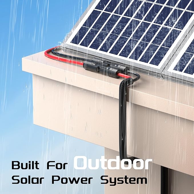 Bateria Power 10AWG 20FT Twin Wire Solar Panel Extension Cable 10 Gauge PV Wire with IP68 Female &amp Male Waterproof Connectors Flame Retardant Protective Sleeving and Dust Caps for Home RV