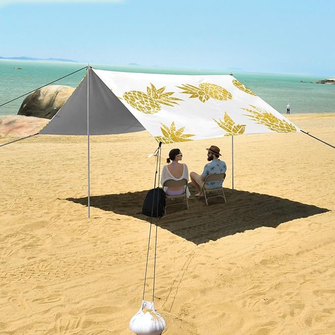 Beach Canopy with Windproof Ropes &amp Sandbags Beach Tent Sun Shade Sun Shelter for Camping Trips Fishing Backyard Fun or Picnics Pineapple