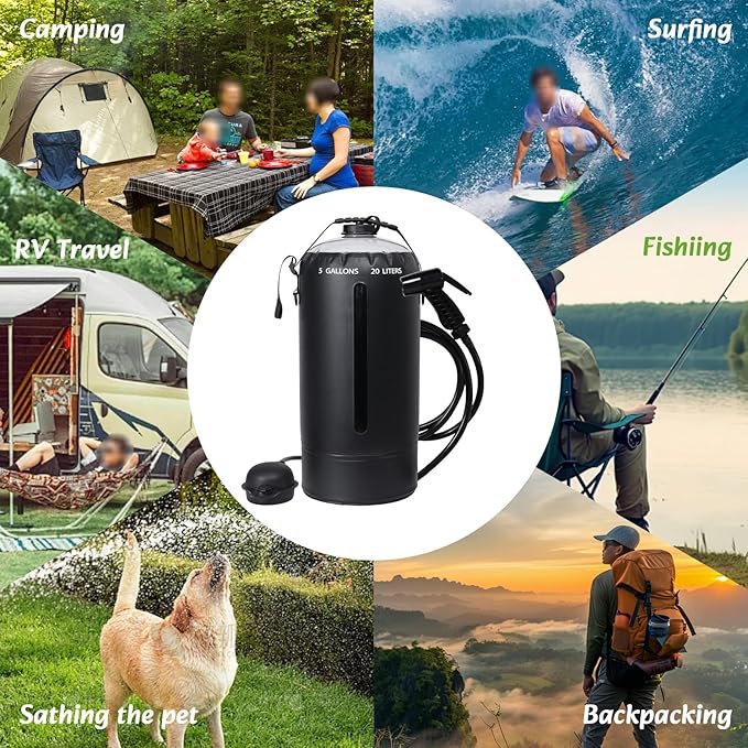 Aircity Portable Solar Camping Shower Bag with Foot Pump &amp Upgraded Leak-Proof Design – 20L/5-Gallon Outdoor Shower for Beach Hiking Travel | Lightweight Large Water Inlet Carry Bag