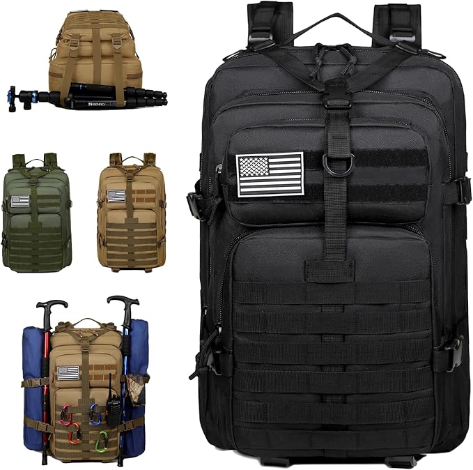 45L Military Tactical Backpack for Men Large 3-Day Assault Pack MOLLE Rucksack Waterproof Survival Bug Out Bag for Hiking Camping Hunting Gym &amp Work Includes US Flag Patch - Stealth Black