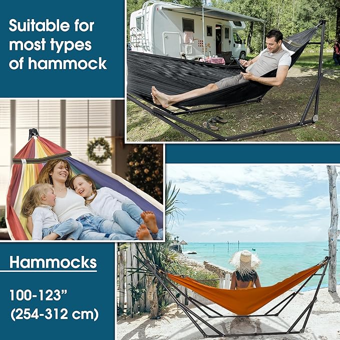 Tranquillo 600 lbs Capacity Adjustable Hammock Stand Collapsible Camping Hammock and Stand Steel Double Hammock Stand for 2 Persons Portable Everywhere Easy Assembly Non-Slip and Noise-Free Black