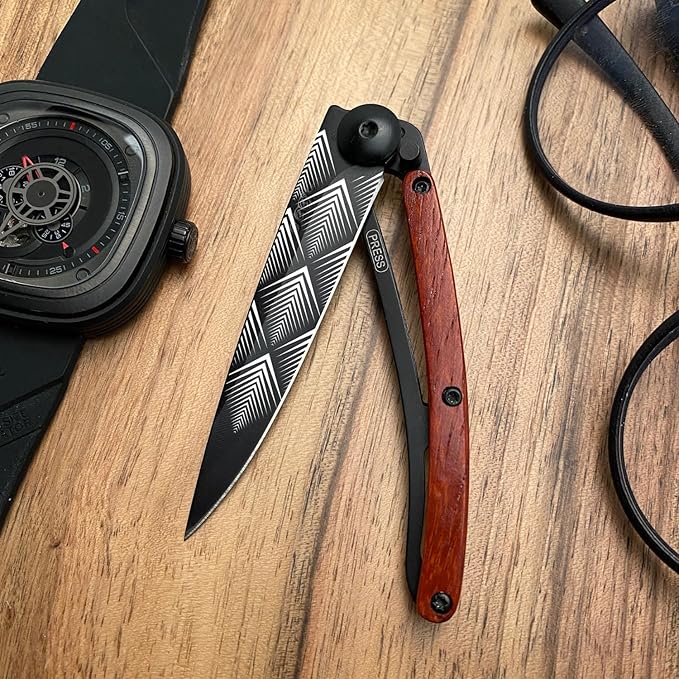 deejo - 27G Folding Pocket Knife with Belt Clip - Art Déco Design 2.95-Inch Stainless Steel Blade Black Titanium Finish Coral Wood Handle - Lightweight EDC for Home Work and Outdoor Use