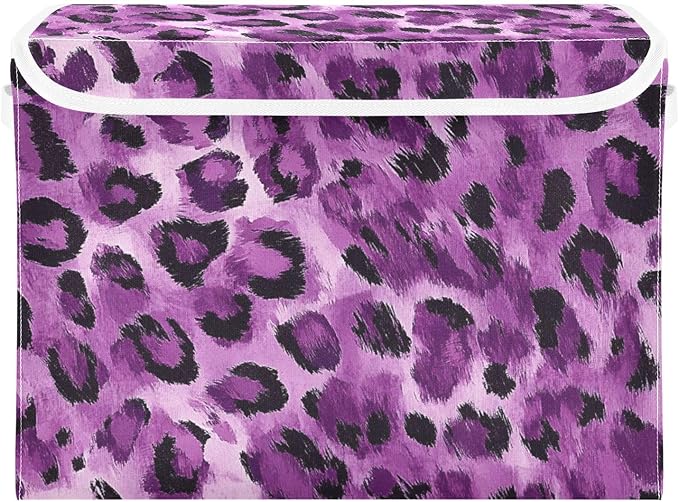 Collapsible Storage Bins with Lids Decorative Fabric Storage Cubes Closet Organizer and Storage Basket Boxes Containers for Clothes Box Chest Nursery Folding Rectangle Purple Leopard Print